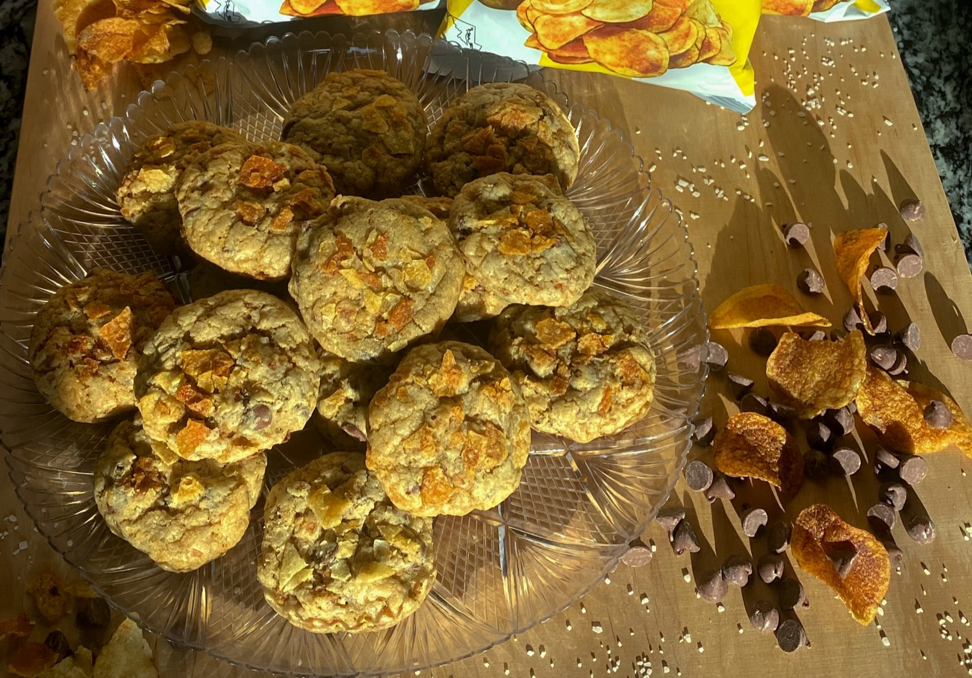 Chocolate chip cookies with crushed potato chips and flaky salt
