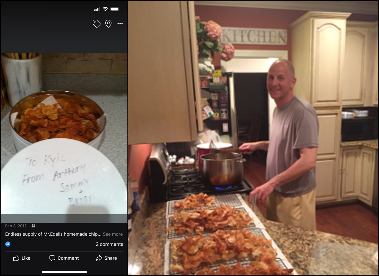 Gary in the kitchen beside racks of freshly fried homemade chips, alongside a tin of chips with a handwritten note — a 2012 family photo.
